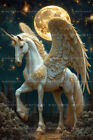 Winged Unicorn Moon Forest Art Print, Magical Pegasus Poster, Fantasy Photo C813