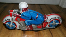 Vintage 1960s Haji Japan Large Tin Friction Police Patrol Motorcycle Toy Rare