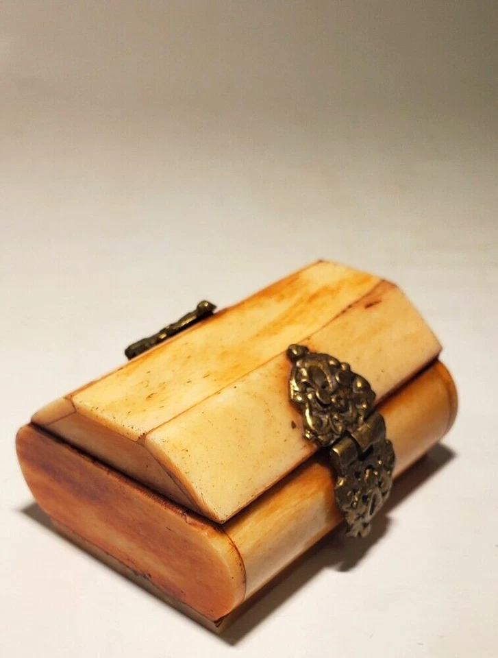 Antigua caja de baratija vintage de hueso bovino y latón caja de recuerdo Israel Foto 3 de 4