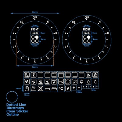 White Print 36 Symbols 2 Dial Lo-Hi Electric Hob Burner Stove Dial Decal Sticker