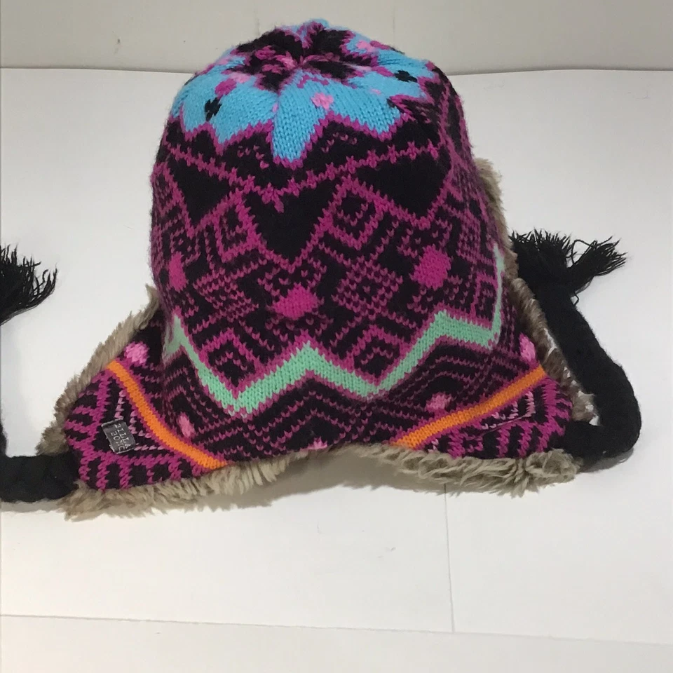 Billabong Women’s Y2K Winter Knitted Beanie Hat One Size Faux Fur Tie Straps - Image 4 of 4