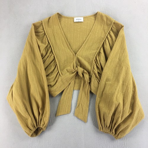 Storia Tie Front Crop Top Blouse Womens Medium Bell Puff  Sleeve in Maple Sugar - Picture 11 of 19