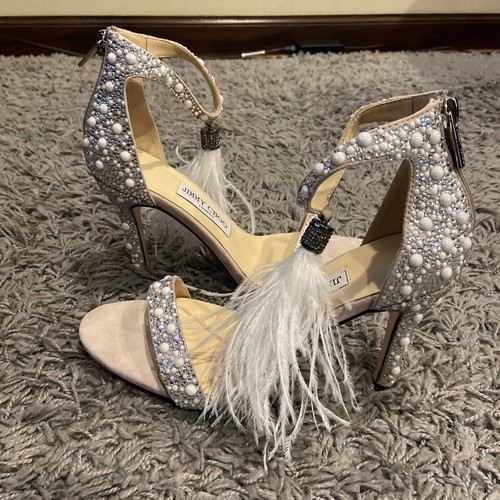 Jimmy Choo NEW Viola 110 Crystal Sandals Ostrich Feather Tassel Wedding 38 $1895 - Picture 13 of 24