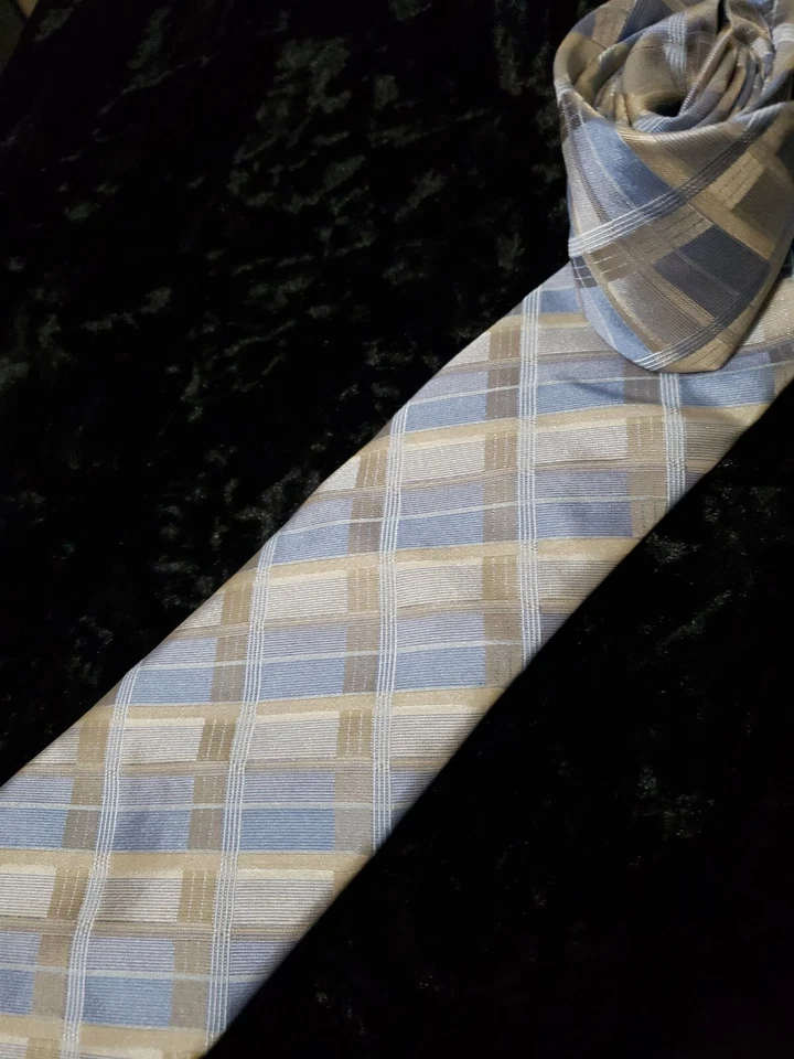 Corbata de cuello Kenneth Cole Reaction para hombre azul plateado tostado rayas a cuadros guardián carrera Foto 2 de 4