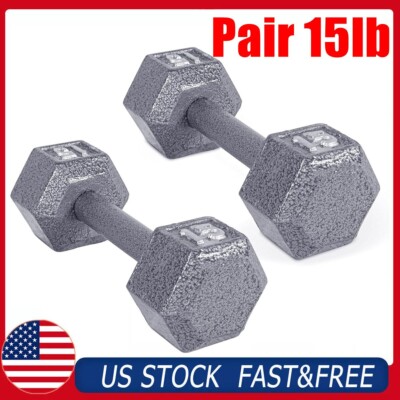 2x 15lb Gray Dumbbell Pair Cast Iron Hex Dumbbell, Set of 2 Dumbbell Hand Weight