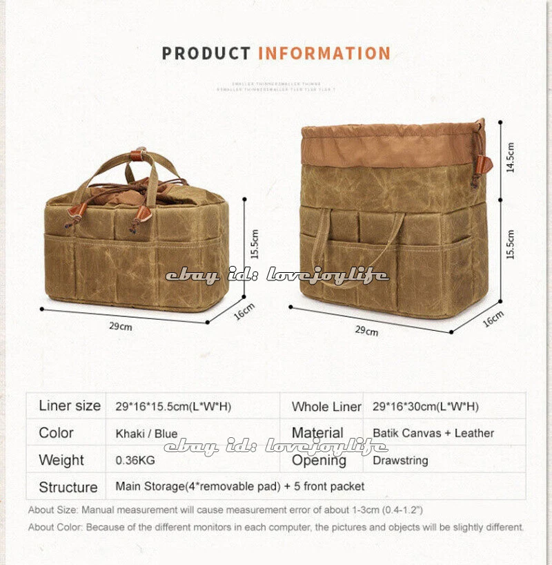 Impermeable Lona Encerada DSLR Cámara Inserto Lente Bolsa Estuche Para Canon Nikon Sony Foto 3 de 4