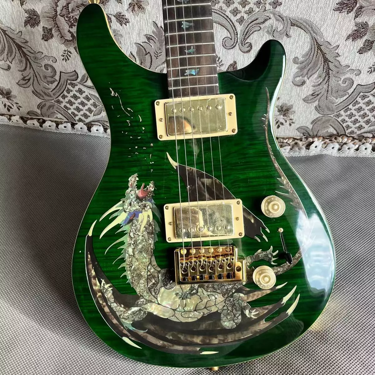 Dark Green Burst Flame Maple Electric Guitar Abalone Dragon Inlay