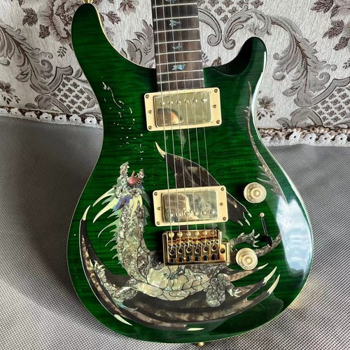 Dark Green Burst Flame Maple Electric Guitar Abalone Dragon Inlay Gold Bridge - 第 1/7 張圖片