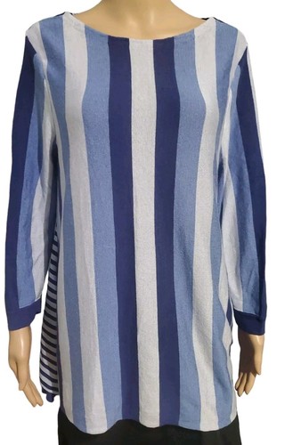Chico's Top 2 Large Striped Blue White Long Sleeve Vertical Horizontal Stripes - Picture 2 of 6