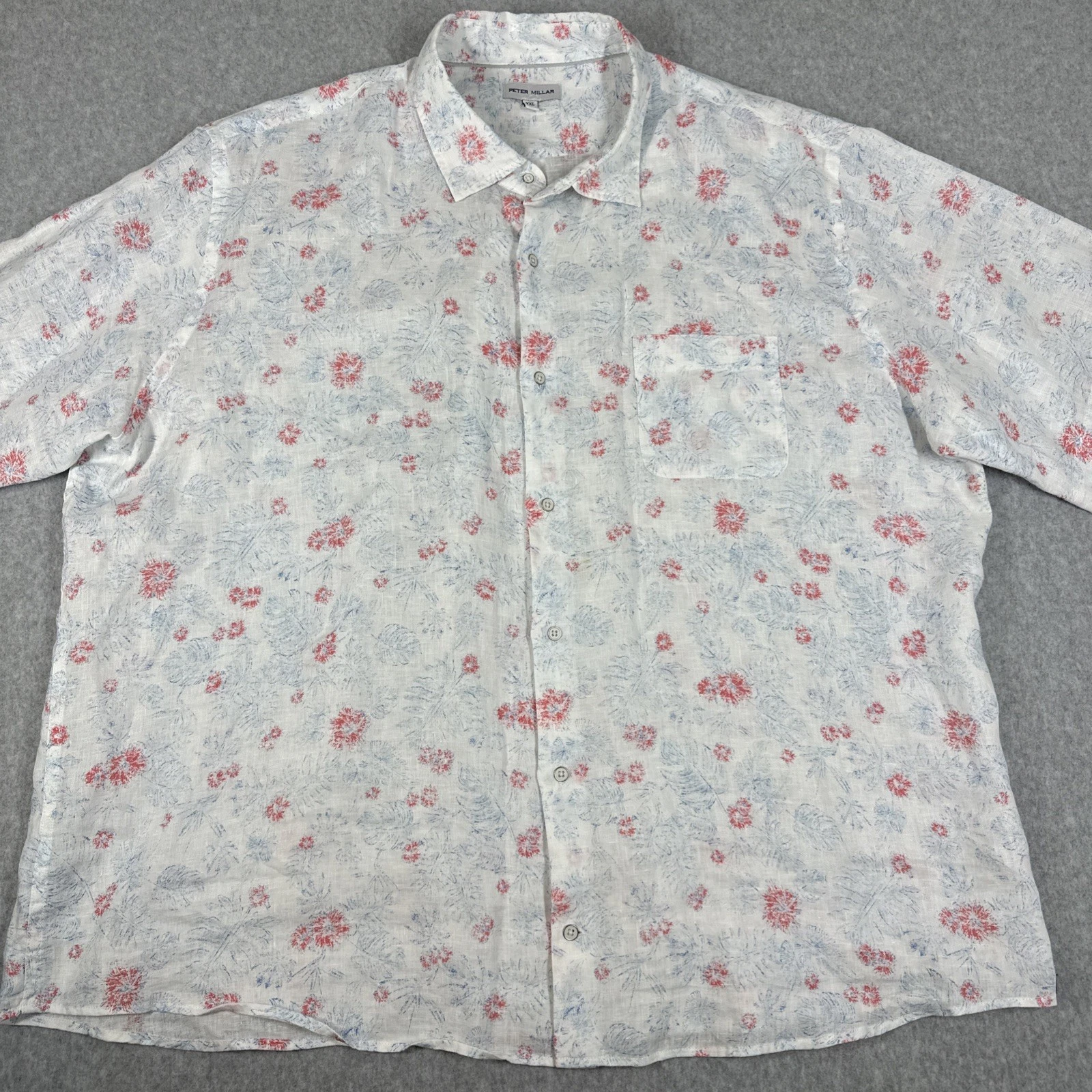 Peter Millar Men's 100% Linen White Floral Print XXL SS Button Up Shirt