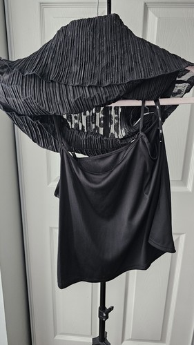 DKNY Damen schwarz Stehkragen Plissee Bluse gerafft ärmellos transparent Größe Small - Bild 4 von 7