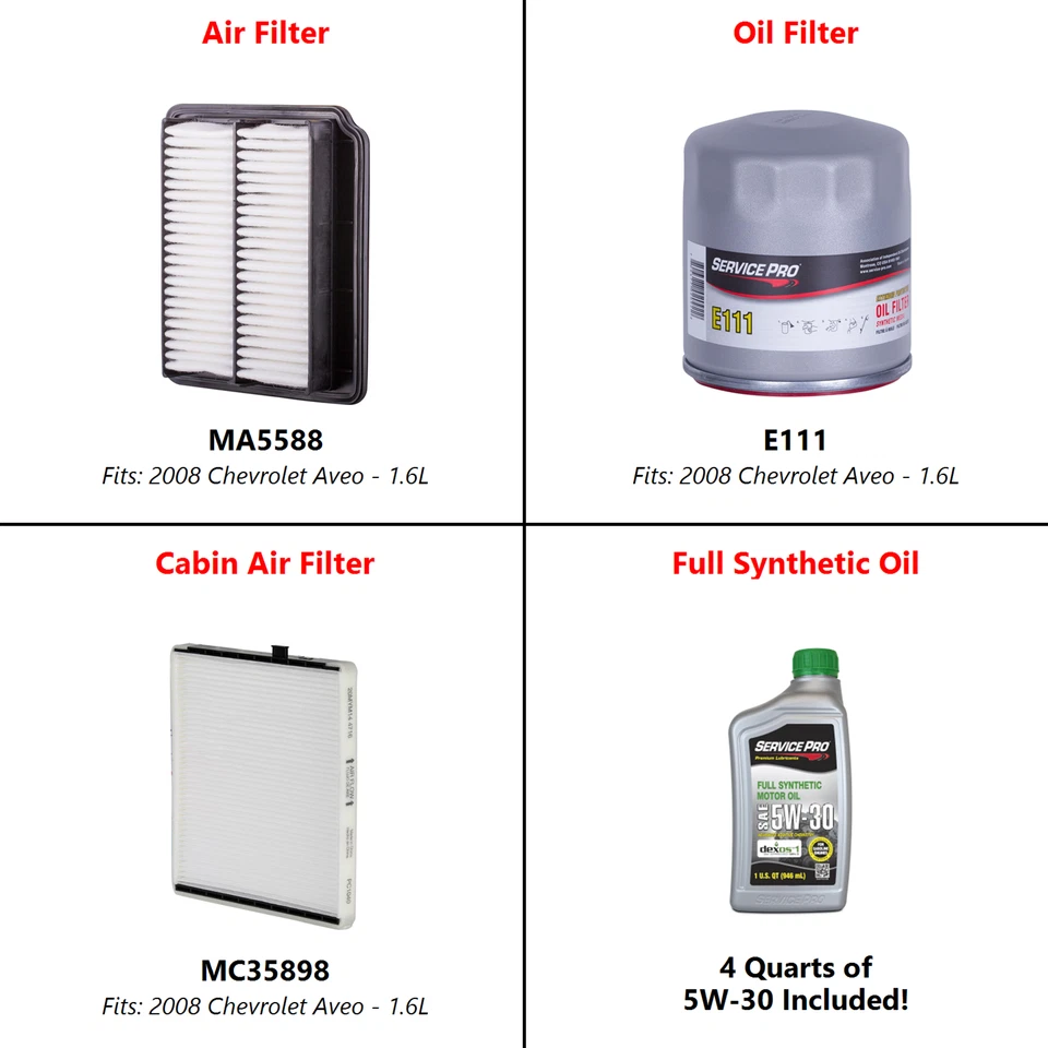 2008 Chevrolet Aveo 1.6L Complete Oil, Air & Cabin Filter Kit (5W-30) Foto 2 de 4