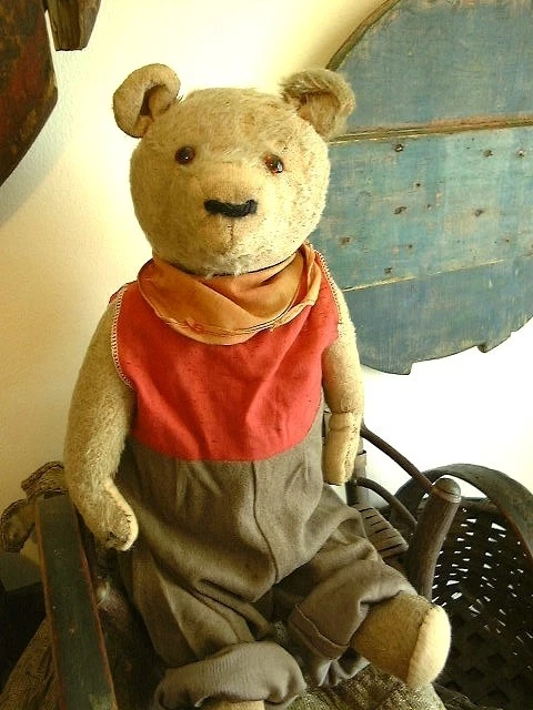 Ours En Peluche Ancien – France – Vers 1930 – Tenue Et Fleurs Cousues