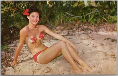 c1960s Bathing Beauty Postcard Pretty Brunette Girl w/ Hibiscus Flower Pasties