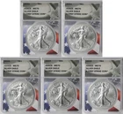 Lot 5 Coins 2023 American Silver Eagle $1 MS 70 ANACS First Strike Flag Core
