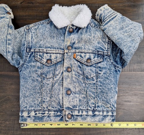 VTG Little Levis Orange Tab Kids Denim Sherpa Jacket size 5 Made USA Acid Wash - Picture 16 of 17