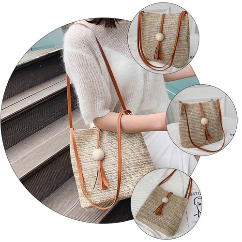Straw Bucket Bag Beach Tote Bags Woven Handbag Handmade Shoulder - Picture 8 of 12