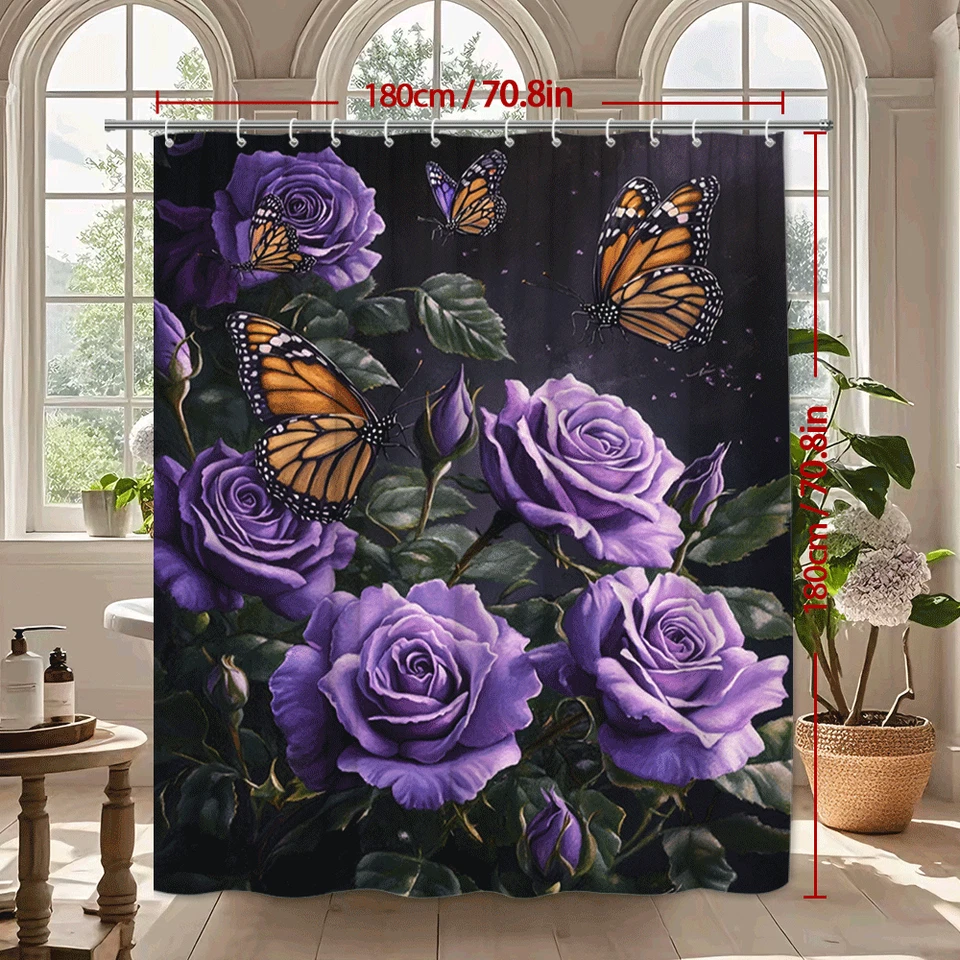 Cortina de chuveiro borboleta rosa roxa floral arte monarca decoração de banheiro - Imagem 2 de 4
