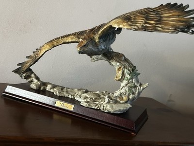 Ceramic Golden Eagle, Wings Spread On Finished Wooden Base.  Title  Picco. .