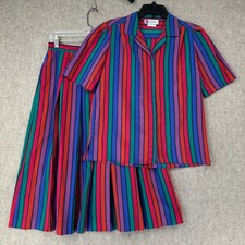 VTG 70s 80s Prophecy Satin Skirt / Blouse Set Funky Loud Striped Modest Retro 12
