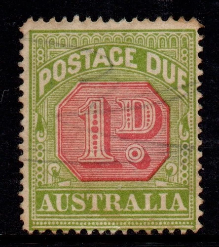AUSTRALIA 1918-30 POSTAGE DUE 1D CARMINE AND YELLOW-GREEN STAMP VFU.