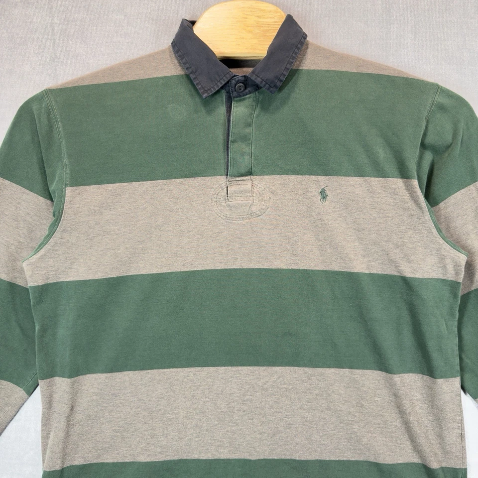 Polo Ralph Lauren Rugby Striped Shirt Mens Large Green Beige Long Sleeve Vintage - Image 3 of 4