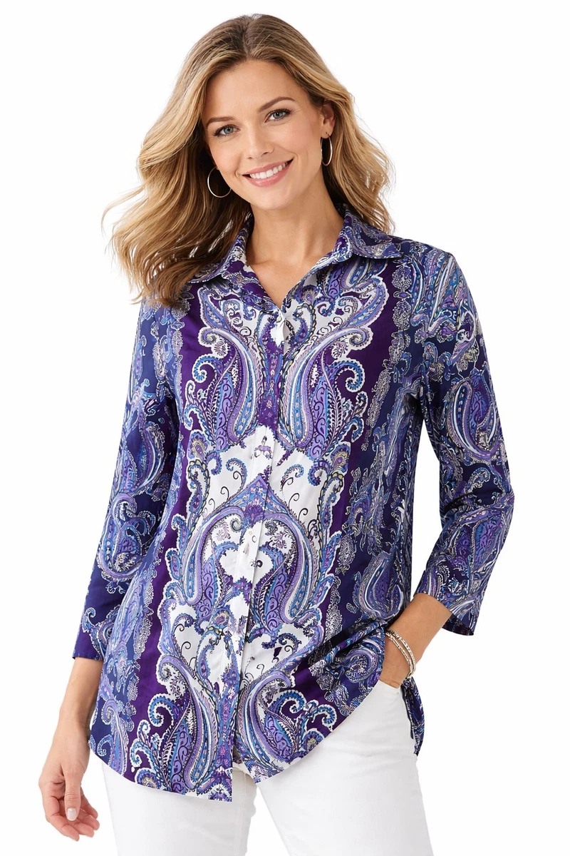 T-shirt Femme à Manches Longues Col V - Imprimé Paisley (persan) Violet - Taille 2XL (plus Size) - Neuf Avec Défauts