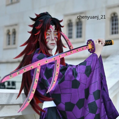 Demon Slayer: Kokushibou Kimono Cosplay Outfit Parrucca Scarpe Anime Eseguire Halloween - Foto 4 di 16