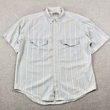 Vintage 90s Levis Mens XL Short Sleeve Button Down Denim Shirt Striped Blue