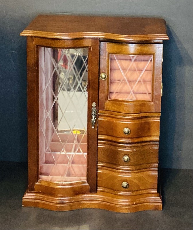 Jewelry Armoire Box Wooden W/ 3 Drawers Ring Holder & Necklace Carousel