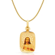 14K Yellow Gold Jesus Heart Enamel Picture Charm Pendant with 1.2mm Flat Open Wh