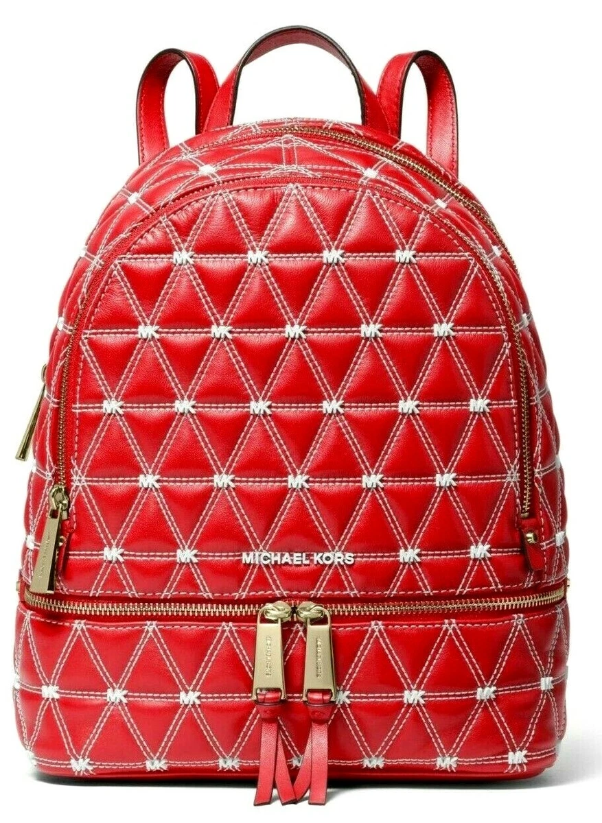 🌞MICHAEL KORS RHEA ZIP BACKPACK RED WHITE GOLD QUILTED LEATHER TRAVEL  BAG🌺NWT