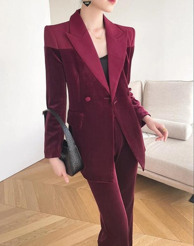 Samt Damen Anzug 2 Teile Lady Spitzes Revers Blazer Slim Fit Burgendy Party Outfit - Bild 3 von 9