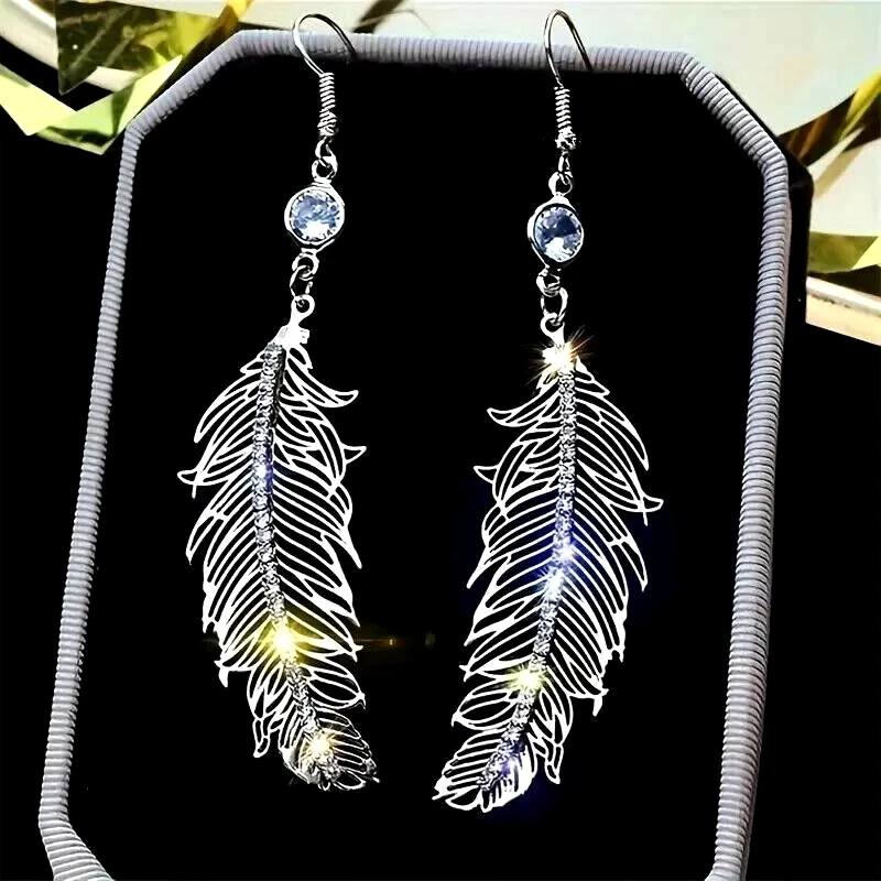 Elegantes Pendientes Largos Pluma Únicos Colgantes Oreja Joyería Circonita Regalo Mujeres Niña Foto 3 de 4