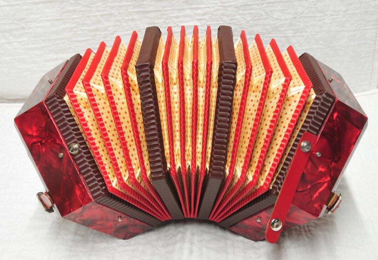 Vintage Concertina Accordion Made in Italy, Red Pearl Cellulose Acetate