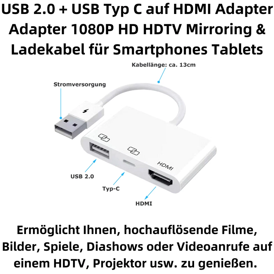 H74C USB 2.0+USB Type C To HDMI Adapter 1080P HDTV Mirroring Charging Cable - Image 2 of 4
