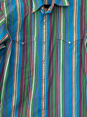 Polo Ralph Lauren Western Shirt Mens Large Blue Multi Stripe Pearl 