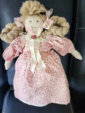 Rag Doll Handmade 14" Tall  Sewn Clothes calico cotton fabric Braids ribbons