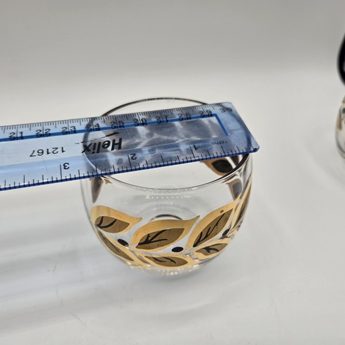 Vintage Federal Glass Roly Poly Barware Gold Black Laurel Leaf Set of 3 MCM - Picture 6 of 12