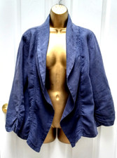 Chico's 1 Navy Linen Beachy Boho Open Front Shawl Collal Ruched Sleeves Jacket