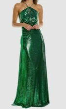 $595 Halston Women's Green Maya Sequined Low Back Gown Dress Size 16