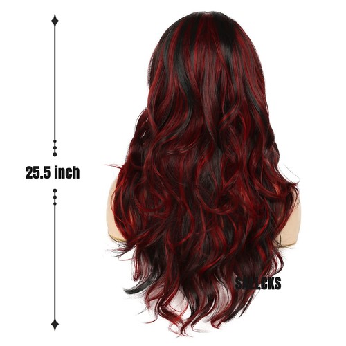 Black Red Wig for Women Long Wavy Wig Highlights Layered Silky Middle Part 2... - Picture 6 of 6