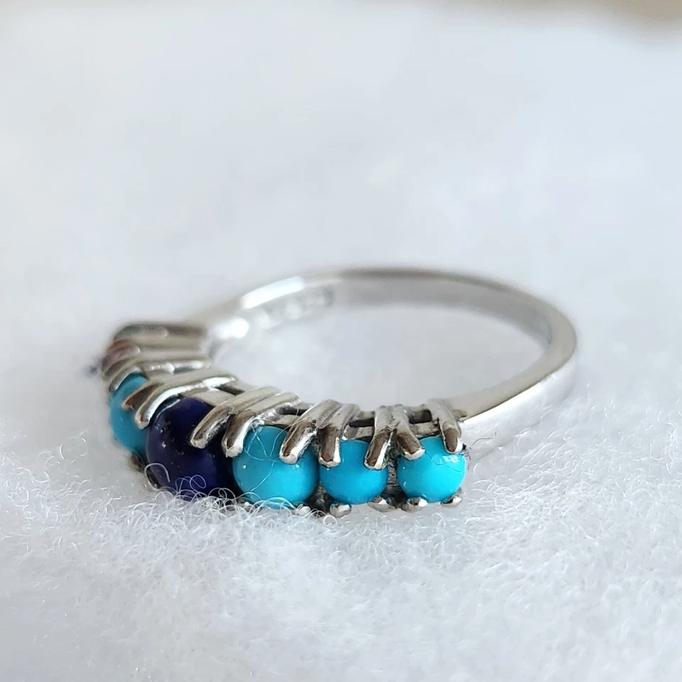 Кольцо из стерлингового серебра 925 пробы с лазуритом и бирюзой | размер 7 | 3 грамма винтажное - Изображение 2 из 4
