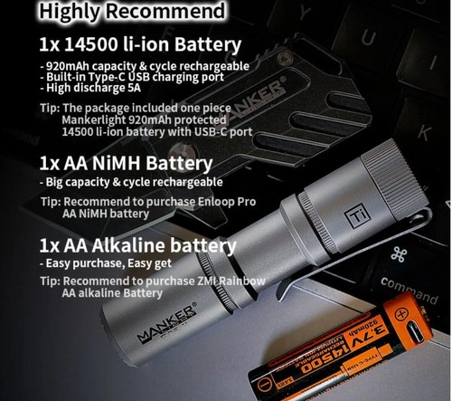 Linterna Mankerlight Titanio 1300 Lúmenes AA 14500 EDC 6500K MINI Antorcha - Imagen 10 de 57