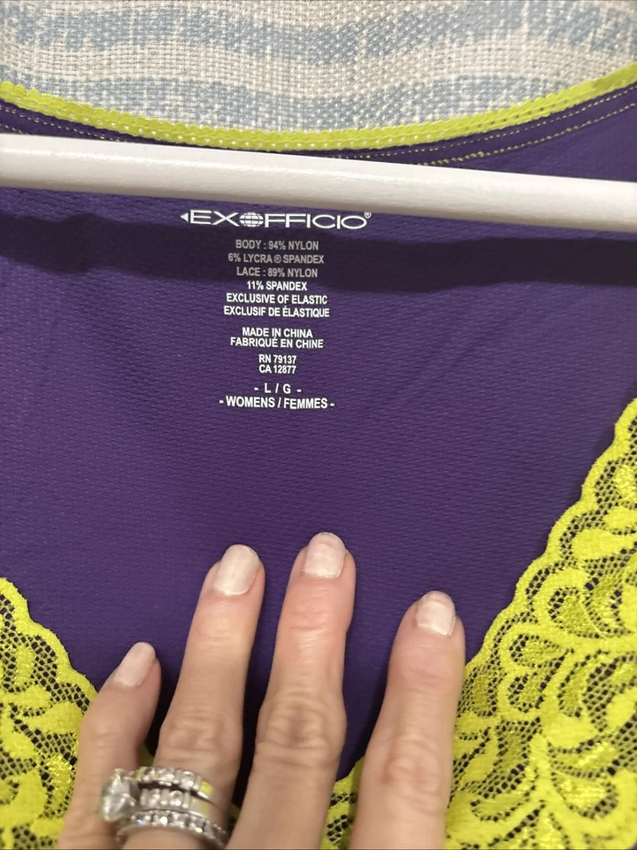 Camiseta sin mangas ExOfficio Give-N-Go de encaje para mujer glicina púrpura/verde grande nueva con etiquetas Foto 3 de 4