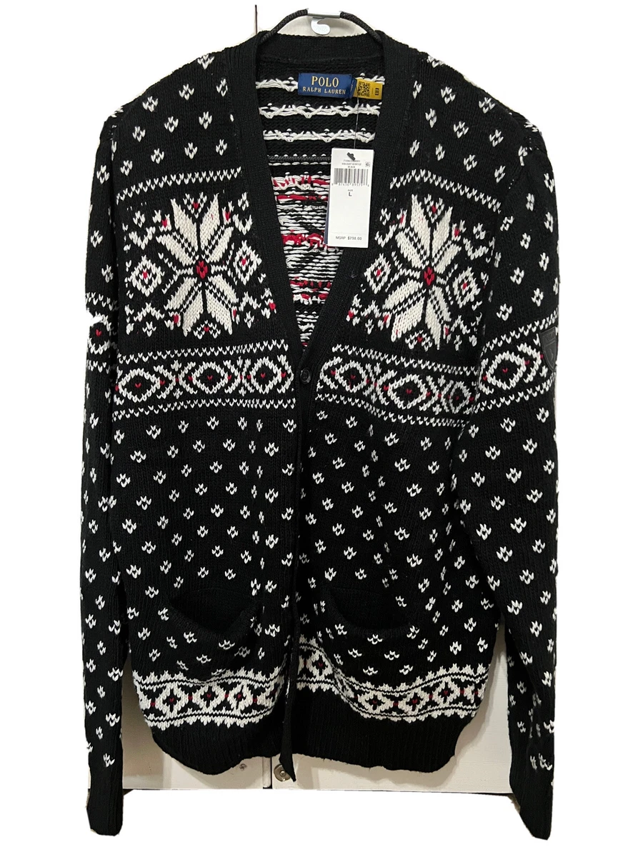 Polo Ralph Lauren Black Cotton Cashmere Snowflake Holiday Cardigan Sweater New