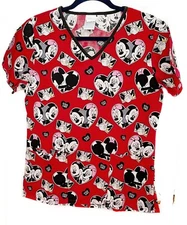 Disney Mickey Mouse Minnie Hearts Womens Red Medical Scrub Uniform Top XS