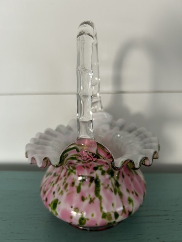 Vintage Fenton Ruffled Basket Murrihina Pink Green Glass 7 inch - Picture 3 of 3