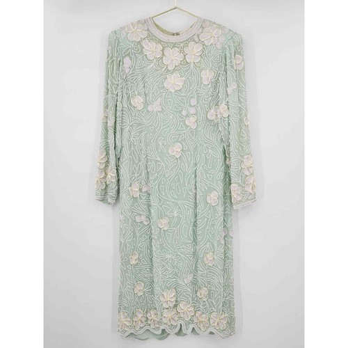 Vintage Neiman Marcus Judith Ann Creations Silk Beaded Dress Light Green Medium - Picture 4 of 15