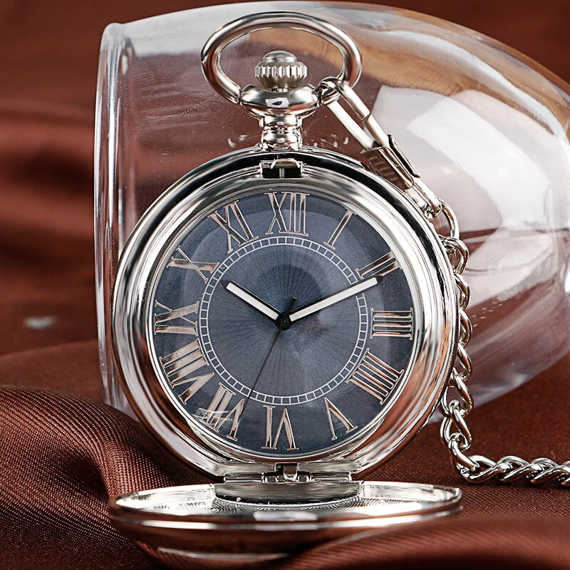 Classic Automatic Mechanical Pocket Watch Fob Chain Skeleton Gray Dial Men Women